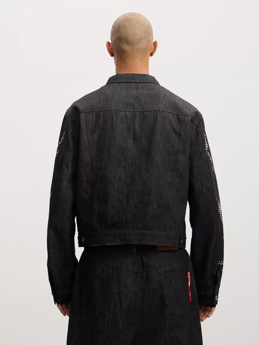 Tiger-Whisker Heat-Pressed Studded Cropped Raw Denim Jacket