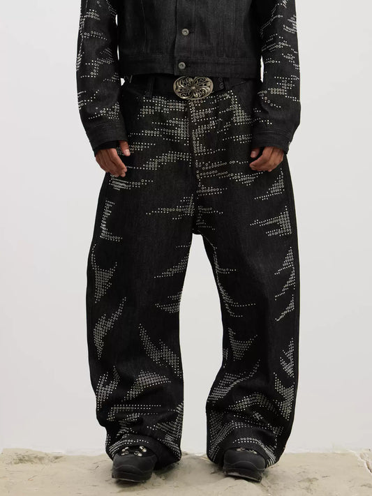 Tiger-Whisker Heat-Pressed Studded Curved Blade Raw Denim