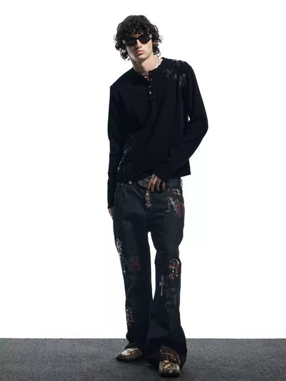 Henley Neck Applique Long Sleeve