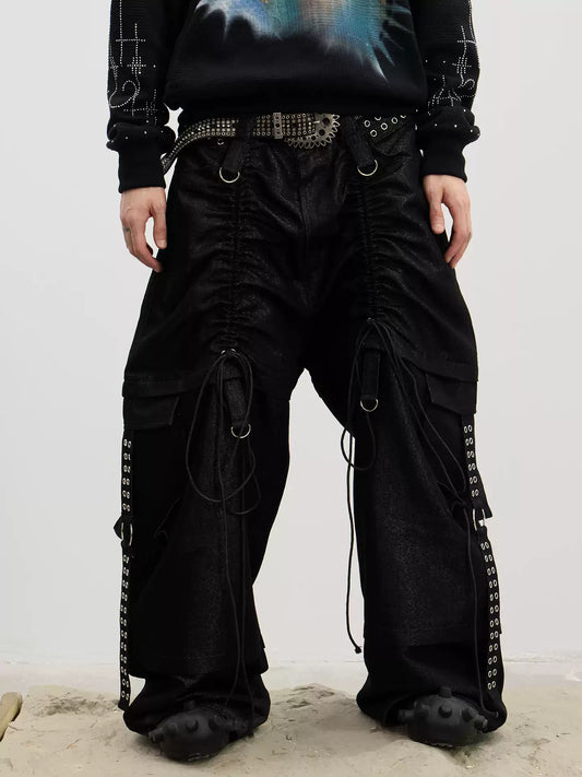 Coated Drawstring Ruched Cargo Pants