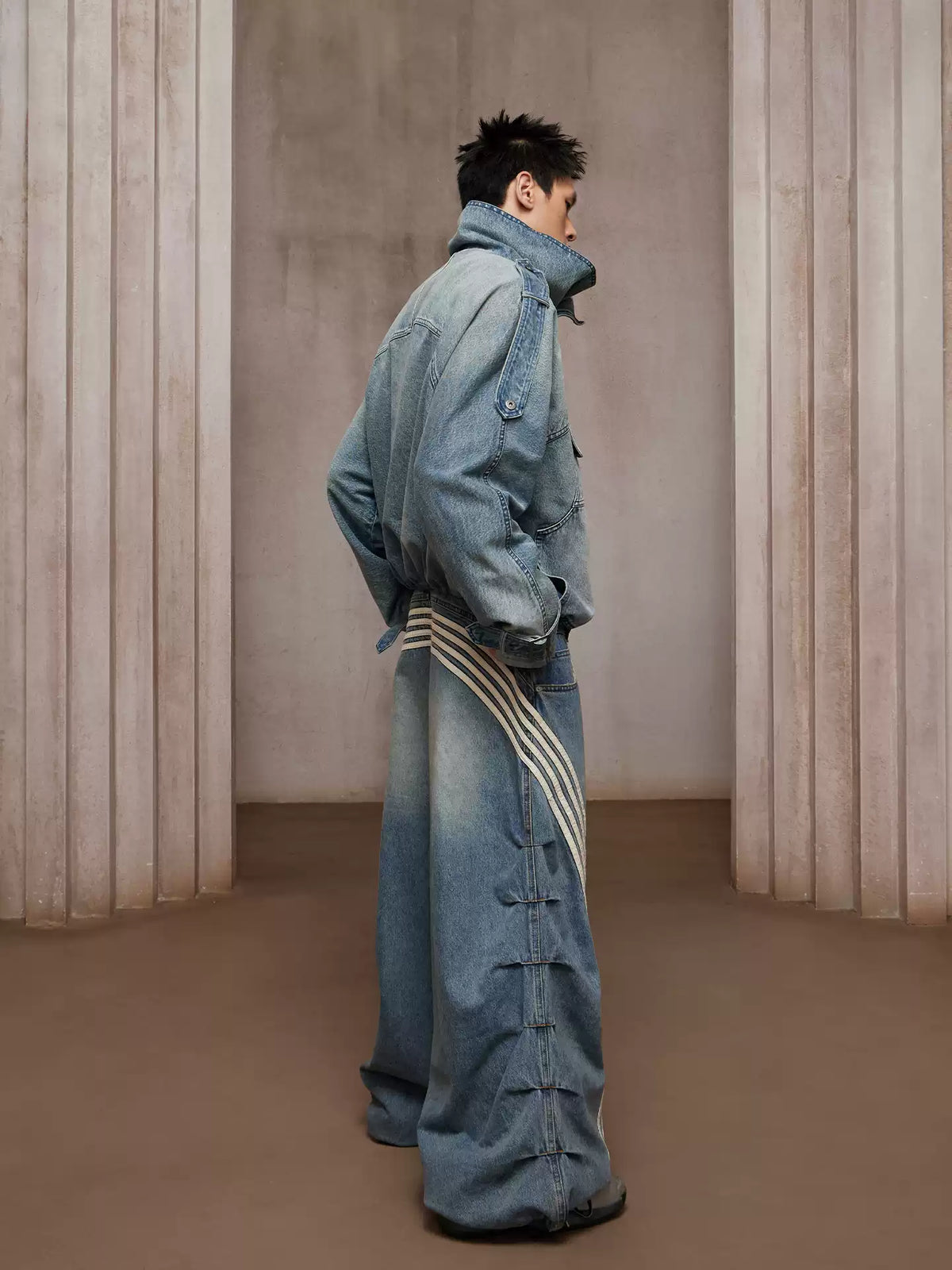 Washed Stand-Collar Double-Breasted Cropped Denim Trench Jacket