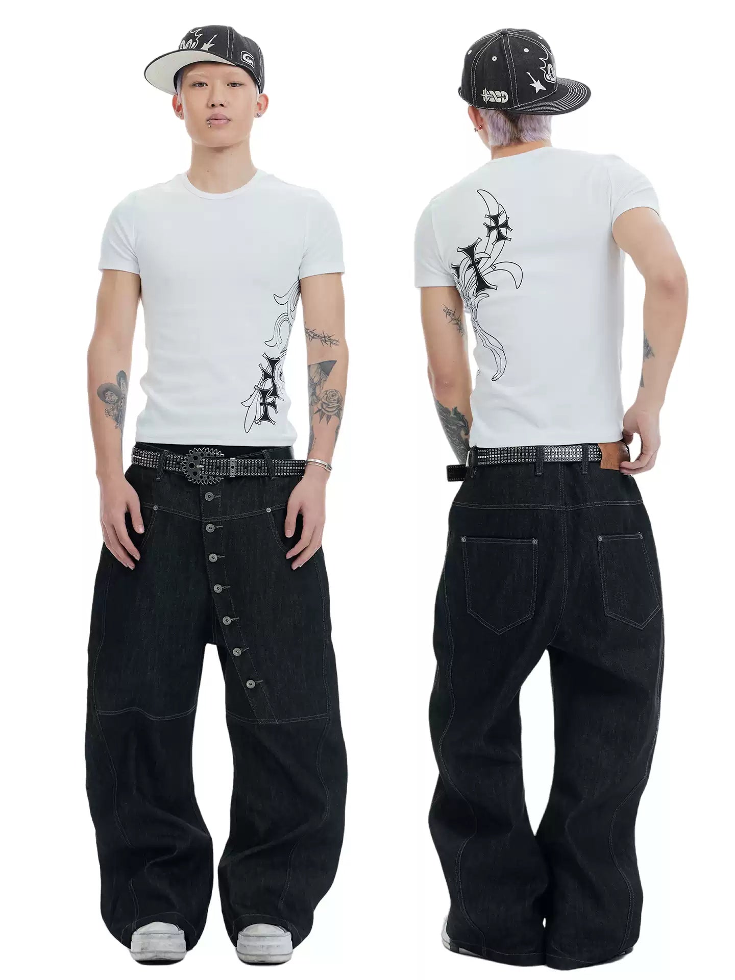 Avant-garde Curved Button-Down Raw Denim Curved Jeans
