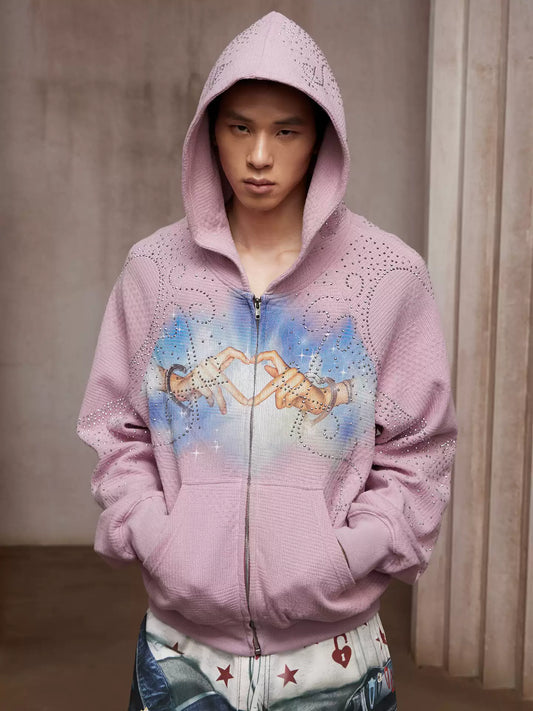 Dreamcore Rhinestone Heart Hands Waffle Zip-Up Hoodie Jacket