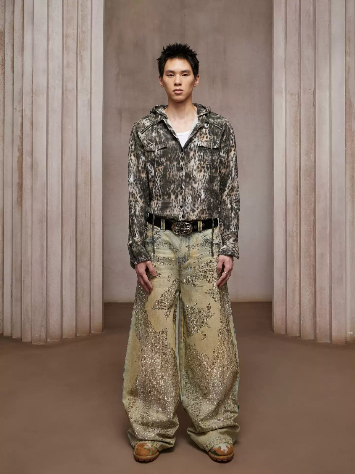 28K Crystal-Studded Dual-Wash A-Line Denim(mud)