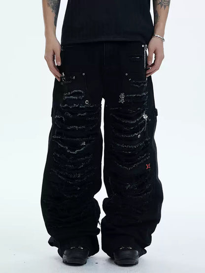 Heavy-Distressed Jewel Rivet-Paneled Washed Baggy Jeans