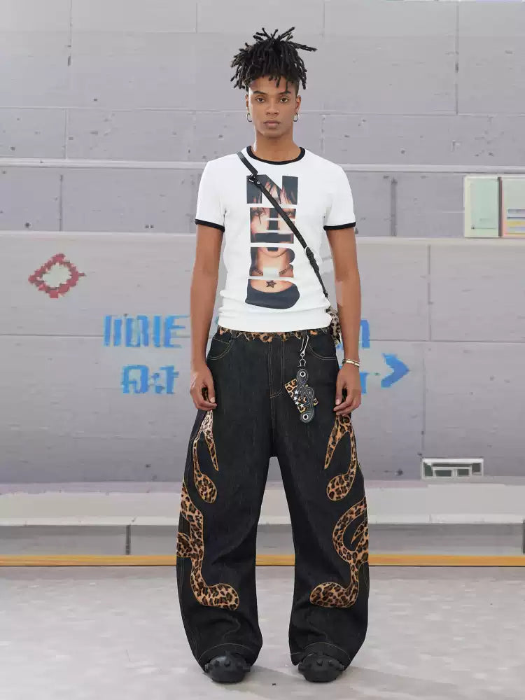 Genuine Haircalf Leopard Leather Note Embroidery Baggy Raw Denim Jeans