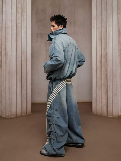 Washed Stand-Collar Double-Breasted Cropped Denim Trench Jacket