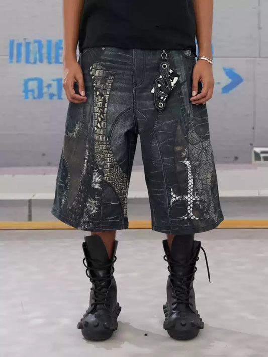 Leather Cross Splicing Printed 3/4 Jeans