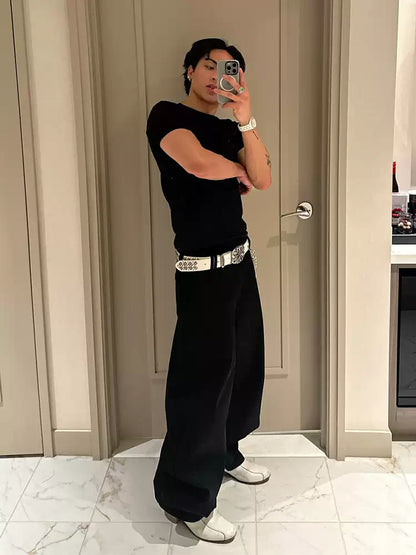 Studded Rhinestone Carved Buckle Leather Belt