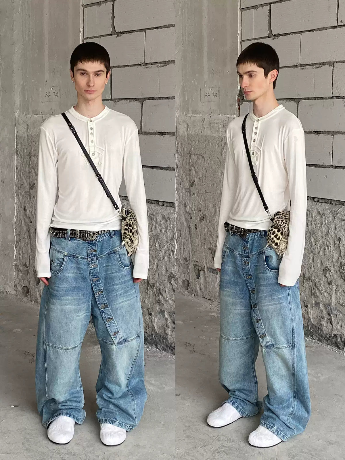 Asymmetrical Long Button Fly Curved-Blade Denim