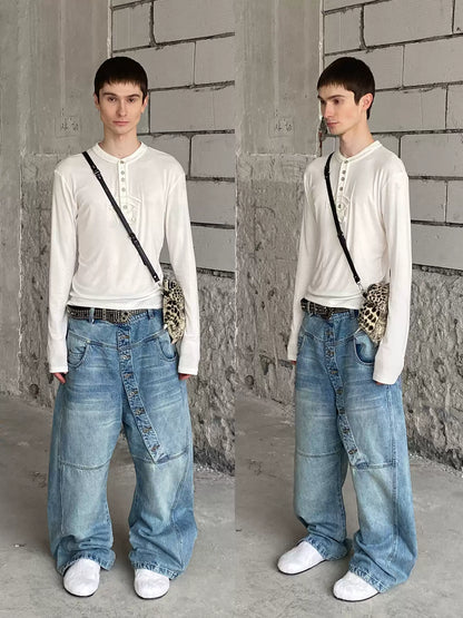 Asymmetrical Long Button Fly Curved-Blade Denim