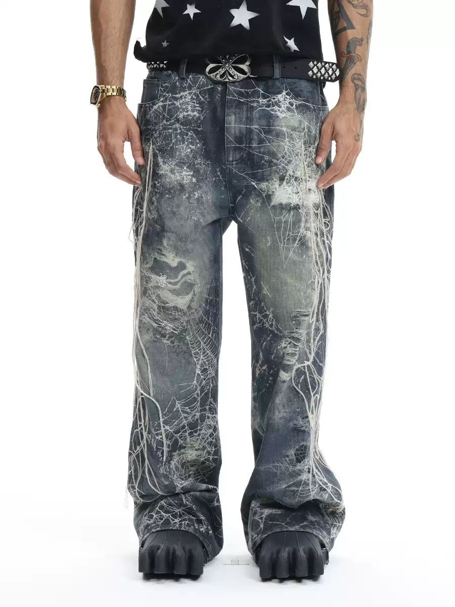 Spider Web Embroidery Tassel Hard Washed Jeans