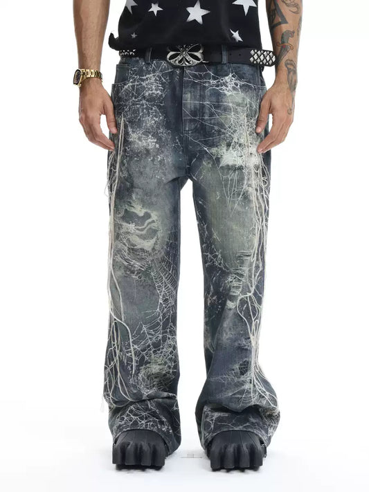 Spider Web Embroidery Tassel Hard Washed Jeans
