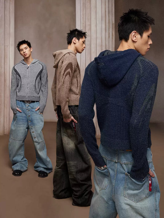 Structured Two-Tone Ribbed Knit Zip-Up Hoodie
