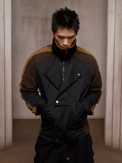 Asymmetric Front Suede-Corduroy Panel Padded Jacket (black X cosmic orange)