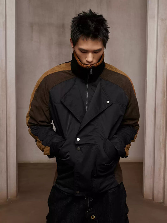 Asymmetric Front Suede-Corduroy Panel Padded Jacket (black X cosmic orange)