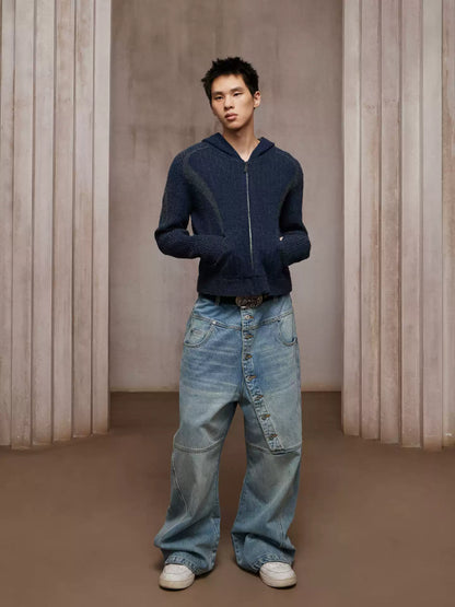 Structured Two-Tone Ribbed Knit Zip-Up Hoodie
