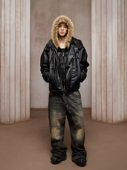 Dark Hardware Buckled Hooded Leather Biker Jacket