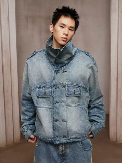 Washed Stand-Collar Double-Breasted Cropped Denim Trench Jacket