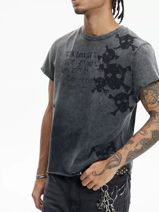 Multi Skulls Distressed Rolled Sleeve Tee