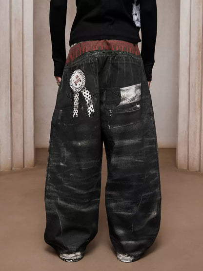 Trompe-l’œil Sports-Layered Printed Baggy Jeans