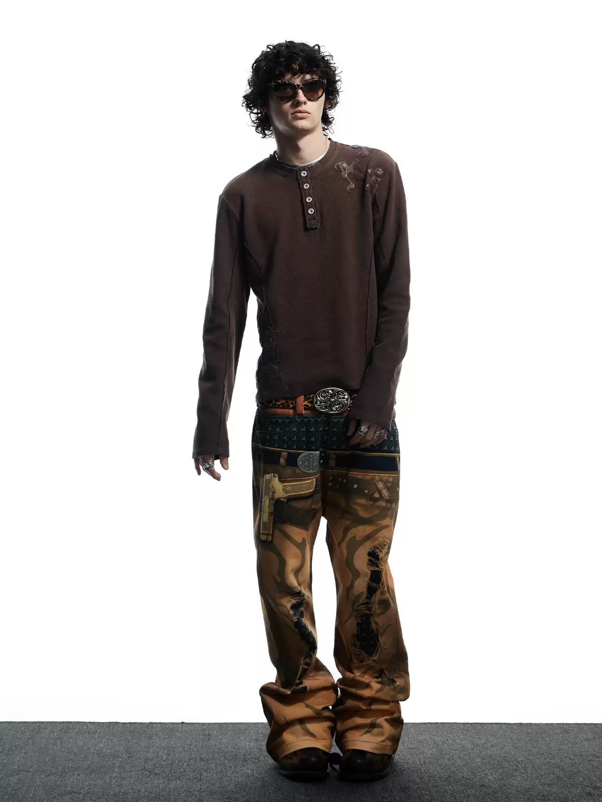Pistol Print Double-Waistband Baggy Pants