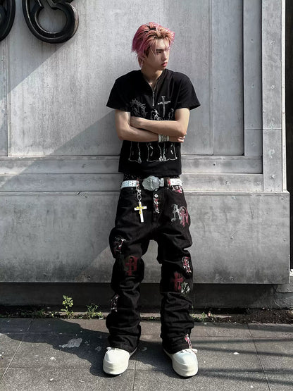 Camouflage Gothic Applique Raw Denim