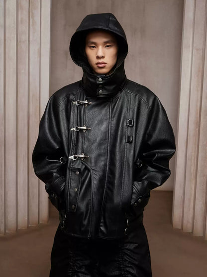 Dark Hardware Buckled Hooded Leather Biker Jacket