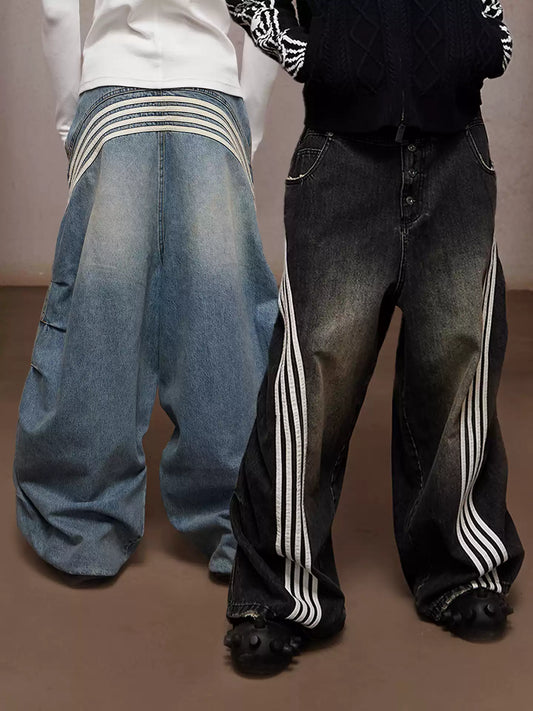 DND4-Stripe Pleated Washed Denim Ultra Wide-Leg Jeans