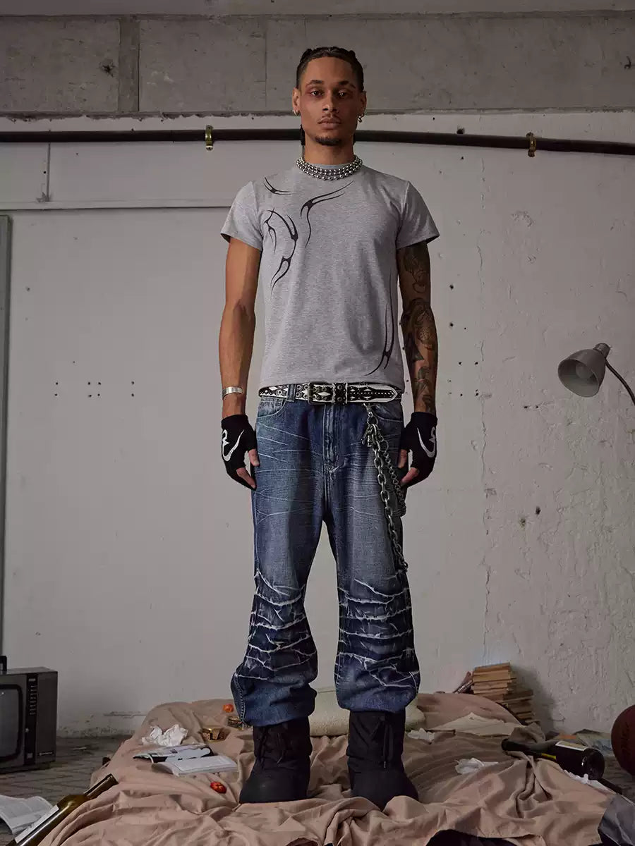 Knee Crease Washed Flared Jeans