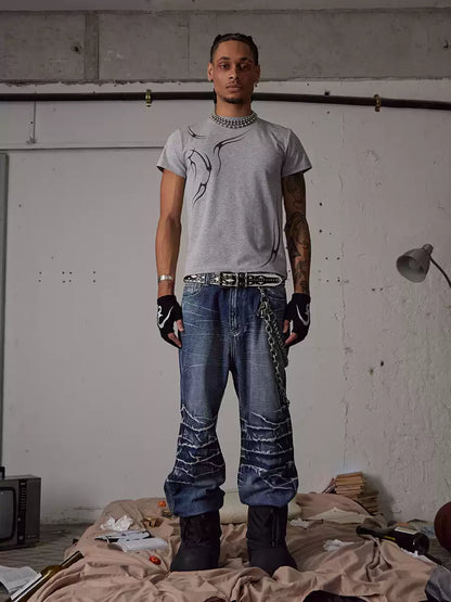Knee Crease Washed Flared Jeans