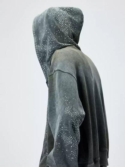 Rhinestone Distressed Mud-Dyed Zip-up Hoodie