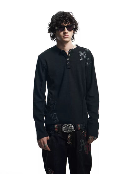 Henley Neck Applique Long Sleeve