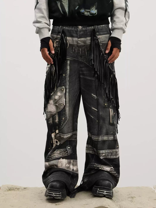 Gothic Fringe Dual-Gun Printed Baggy Jeans