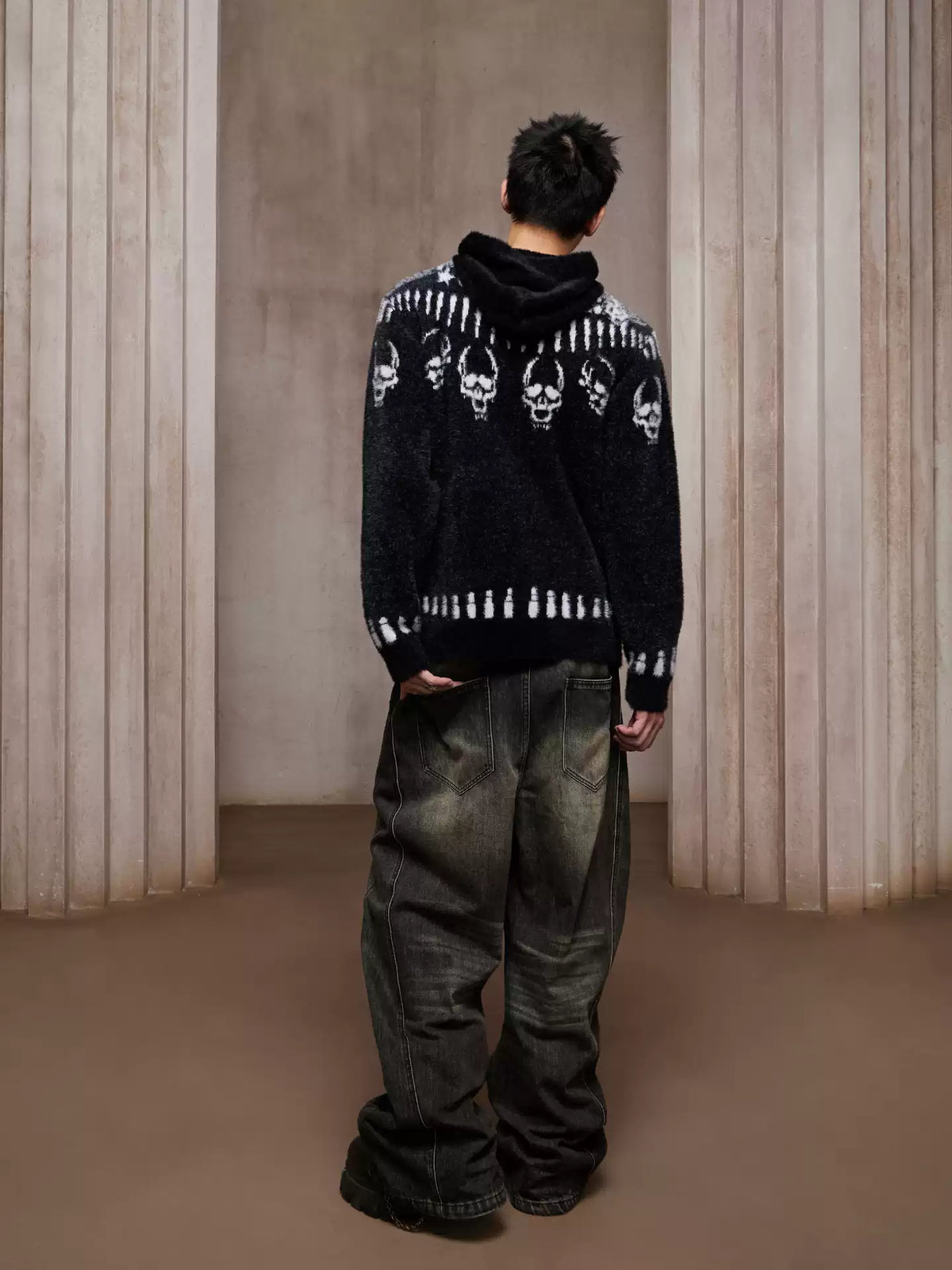 Faux Mink Skull & Bullet Zip-Up Hooded Jacket