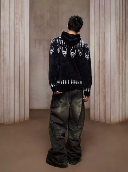 Faux Mink Skull & Bullet Zip-Up Hooded Jacket