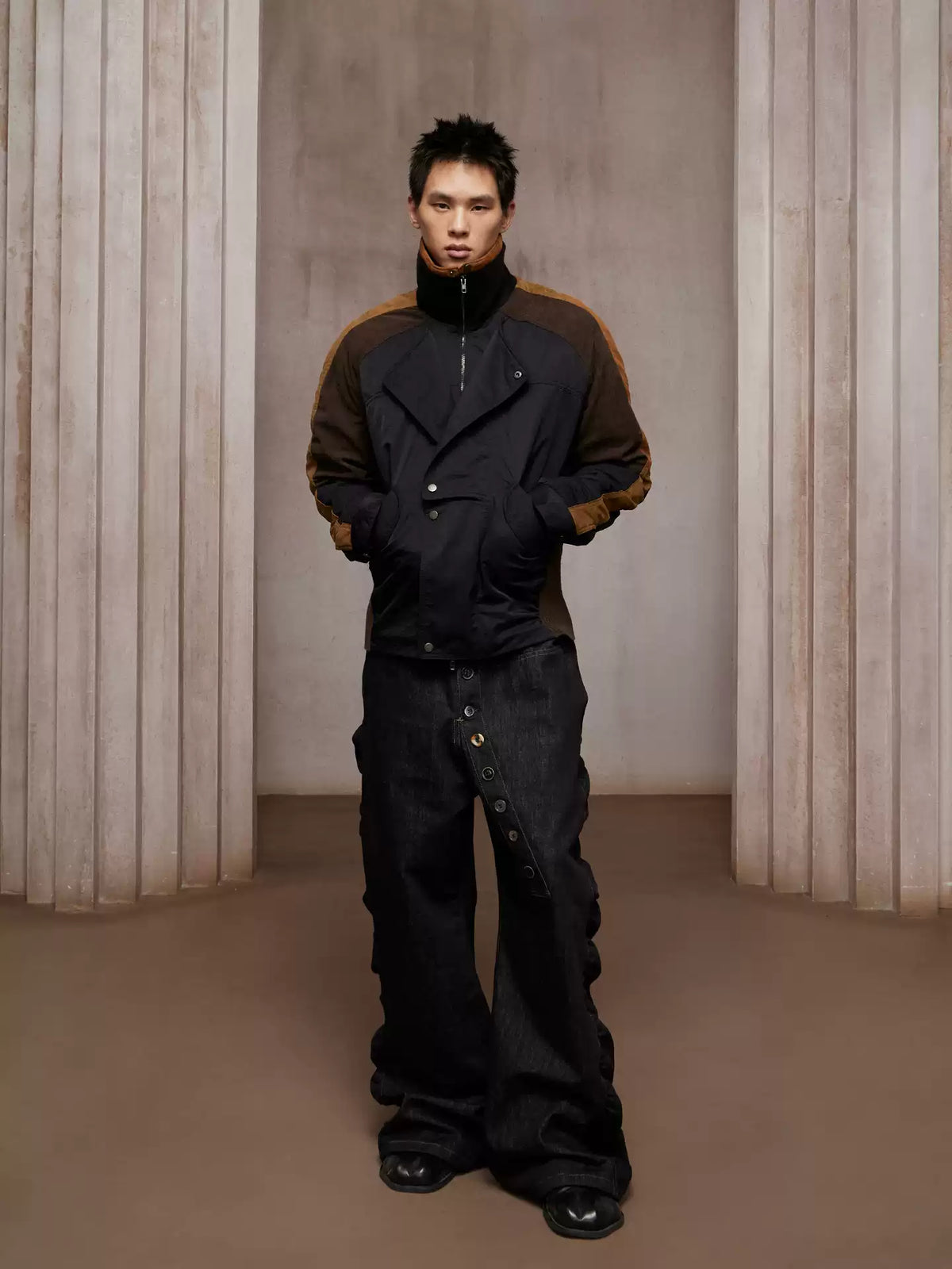 Asymmetric Button Fly Side-Ruched Raw Denim