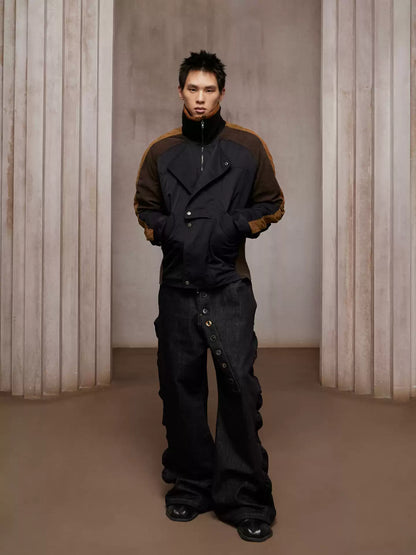 Asymmetric Button Fly Side-Ruched Raw Denim