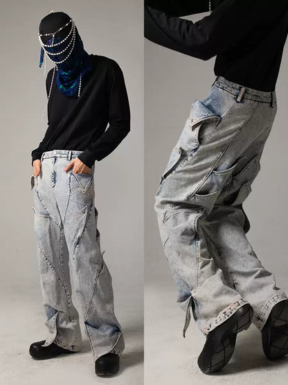 Deconstructed Petals Washed Denim Jeans