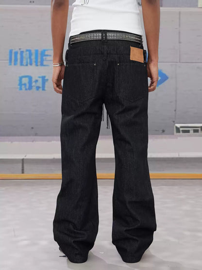 Slanted Zipper Lace-Up Double-Waistband Raw Denim Jeans