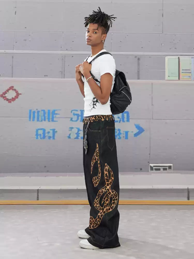 Genuine Haircalf Leopard Leather Note Embroidery Baggy Raw Denim Jeans