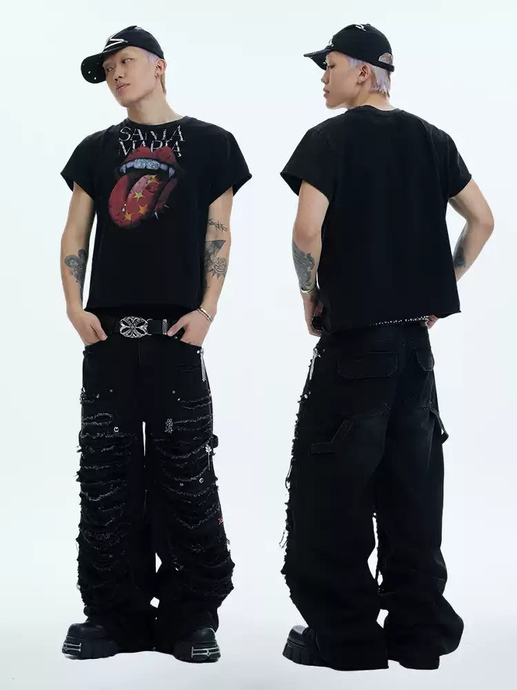 Heavy-Distressed Jewel Rivet-Paneled Washed Baggy Jeans