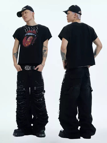 Heavy-Distressed Jewel Rivet-Paneled Washed Baggy Jeans