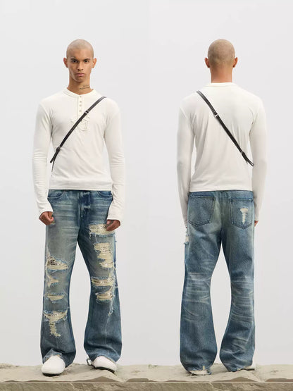 Ripped Metallic-Panel Washed Blue Flared Jeans