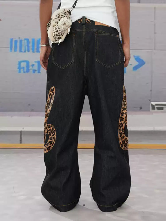 Genuine Haircalf Leopard Leather Note Embroidery Baggy Raw Denim Jeans