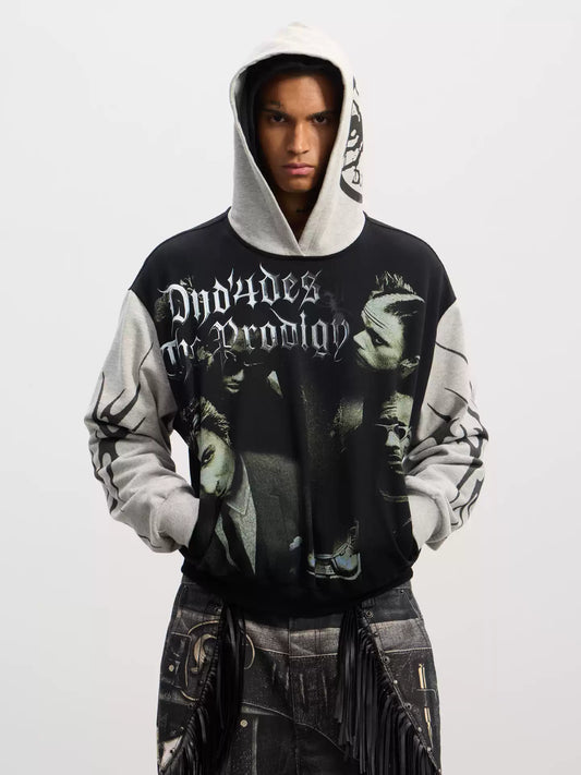 Gothic Rockstar Patchwork Graphic Hoodie