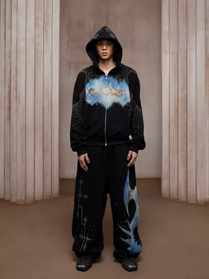 Dreamcore Rhinestone Heart Hands Waffle Zip-Up Hoodie Jacket