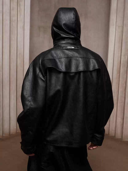 Dark Hardware Buckled Hooded Leather Biker Jacket