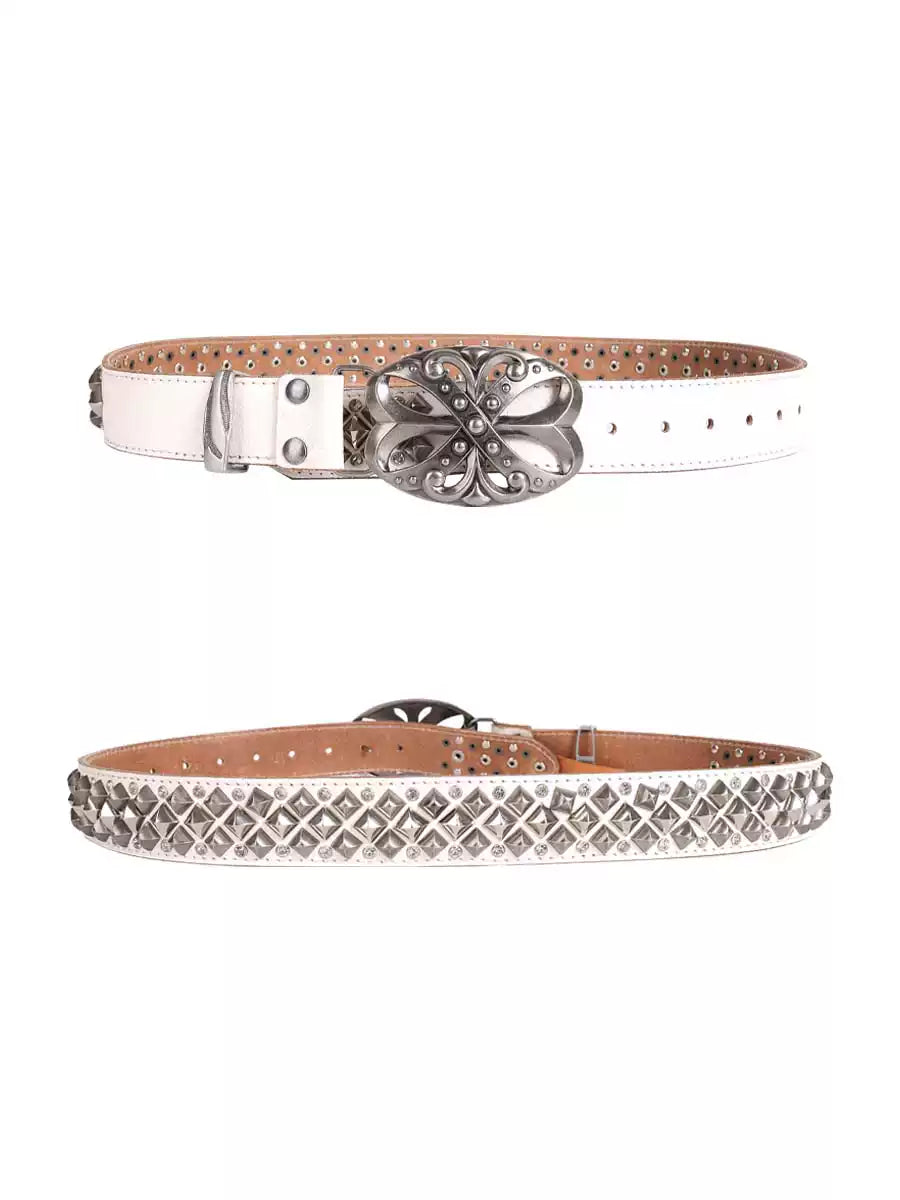 Studded Rhinestone Carved Buckle Leather Belt