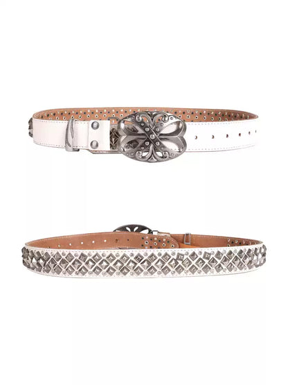 Studded Rhinestone Carved Buckle Leather Belt